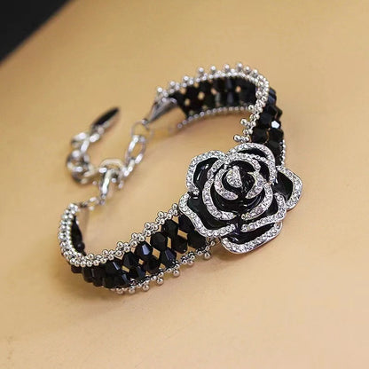 Elegant Black Rose Rhinestone Crystal Bracelet Cuff