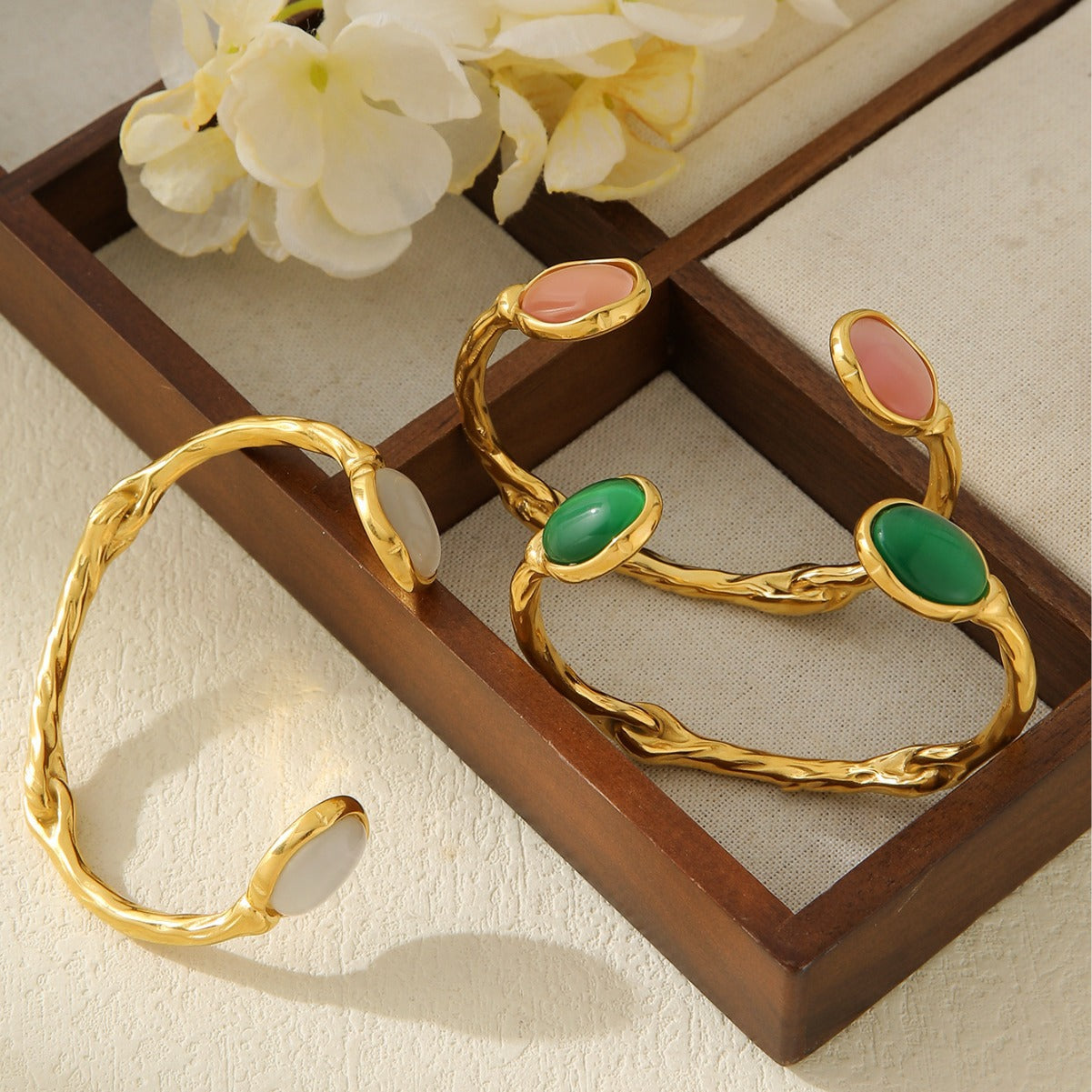 Organic Knot Gold Cuff Bracelet with Oval Gemstones | Multiple Colors