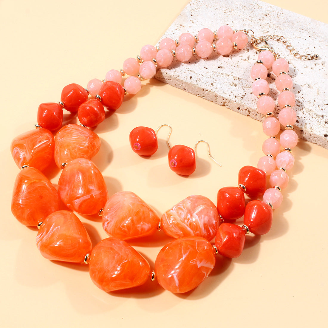 Chunky Lavender & Pink Statement Necklace Earring Set