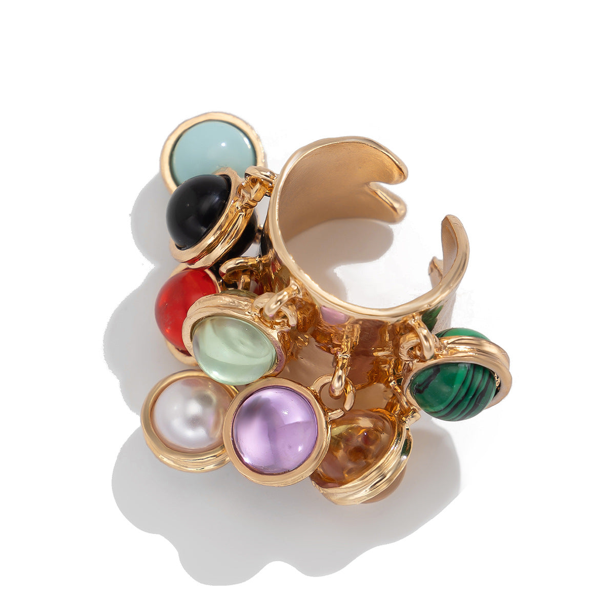 Statement Cluster Ring with Dangling Stone Beads | Wide Hammered Gold Band