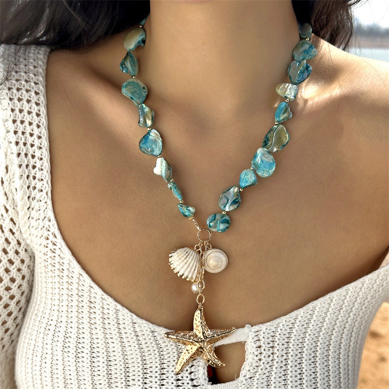 Bohemian Sea Shell & Starfish Beaded Pendant Necklace