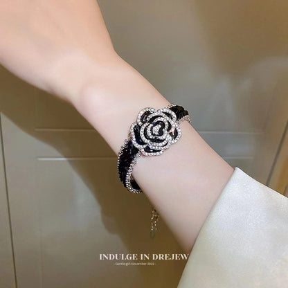 Elegant Black Rose Rhinestone Crystal Bracelet Cuff