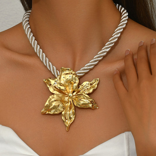 Gold Orchid Statement Necklace - Bold Floral Jewelry