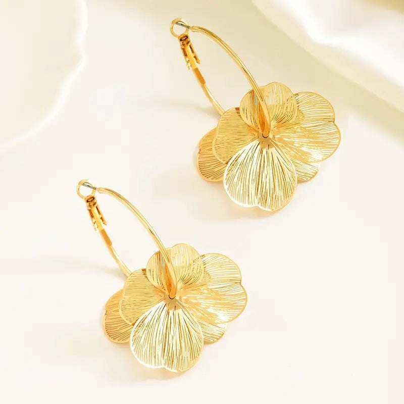 Textured Gold Floral Hoop Earrings | Statement Dangle Jewelry