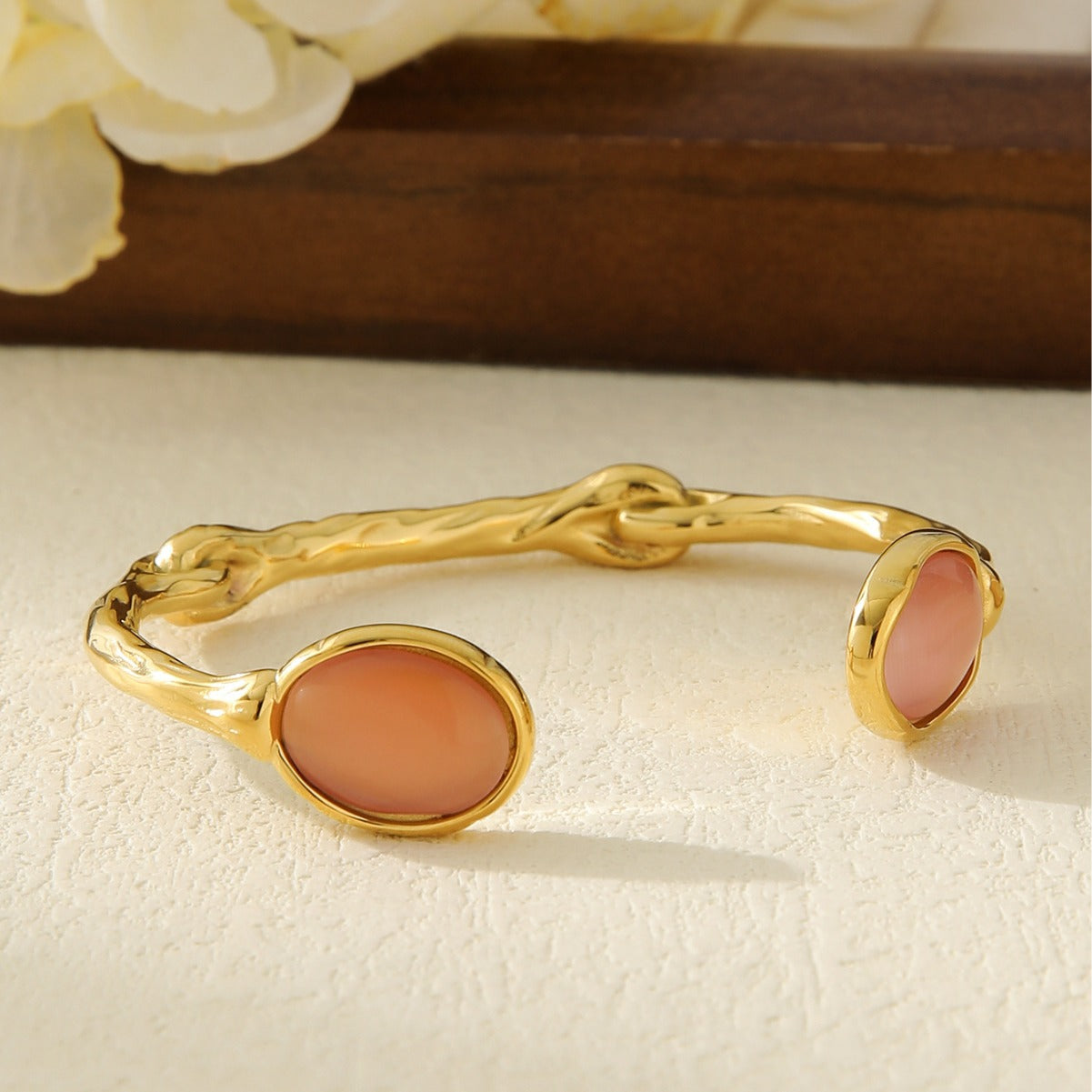 Organic Knot Gold Cuff Bracelet with Oval Gemstones | Multiple Colors