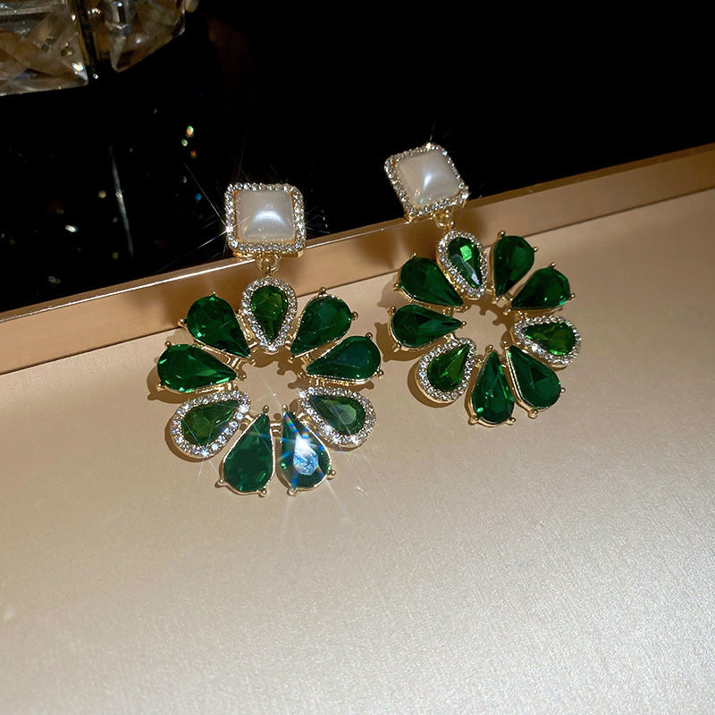Elegant Emerald Green Crystal Dangle Earrings with Pearl Top