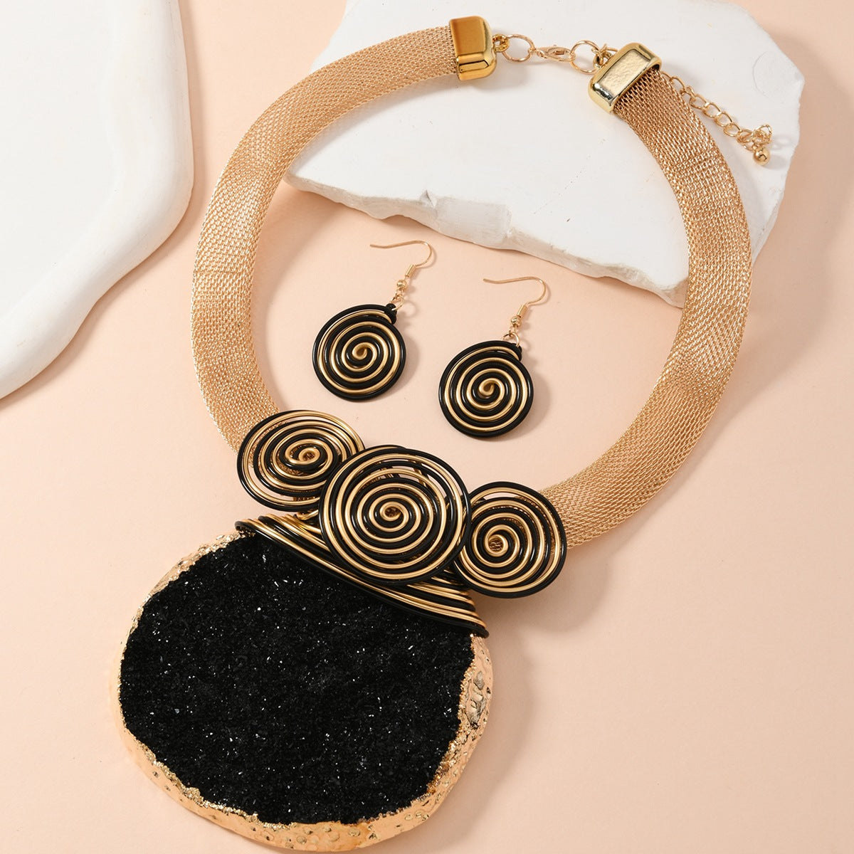 Tribal Geode Spiral Necklace Set | Bold Statement Jewelry in Black or White