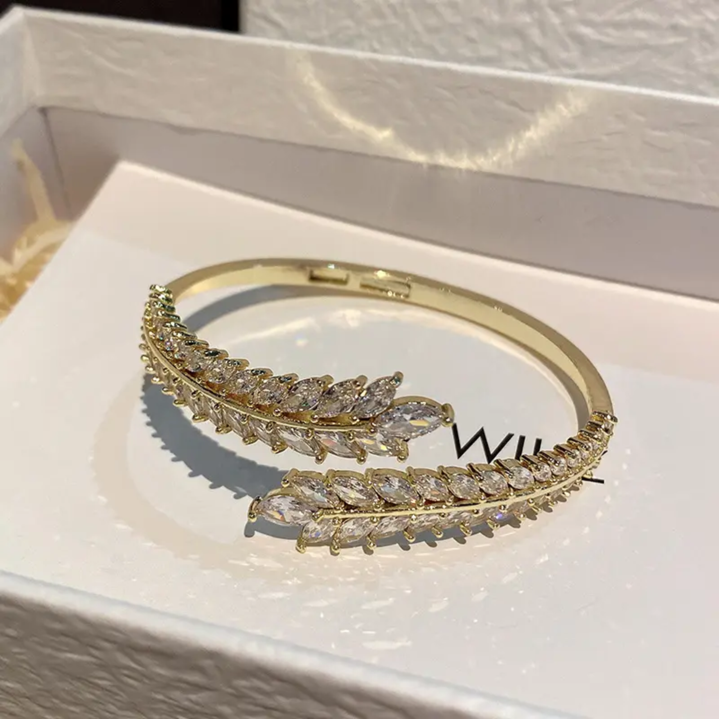 Luxury Silver-Toned Crystal Leaf Bracelet – Adjustable Party Wear Bangle for Women