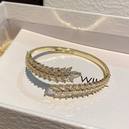 Luxury Silver-Toned Crystal Leaf Bracelet – Adjustable Party Wear Bangle for Women