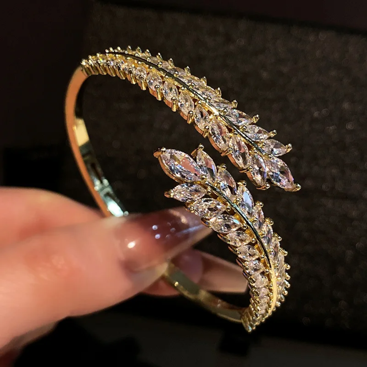 Luxury Silver-Toned Crystal Leaf Bracelet – Adjustable Party Wear Bangle for Women