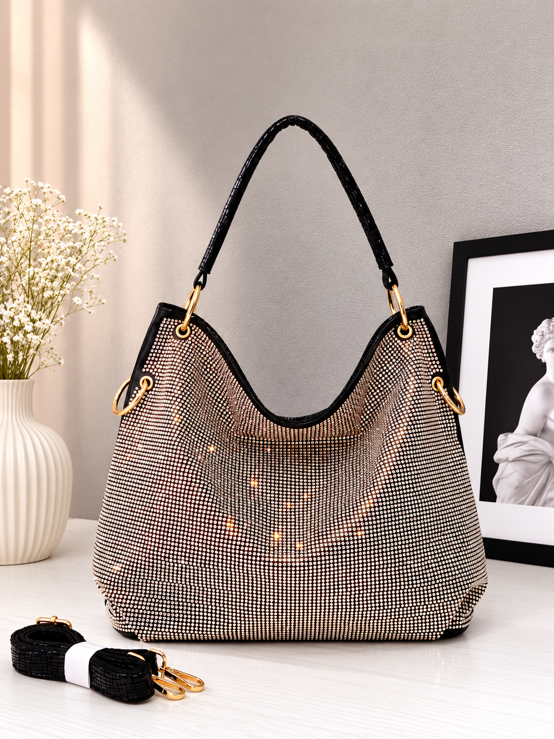 Sparkling Rhinestone Shoulder Hobo Bag with Detachable Strap