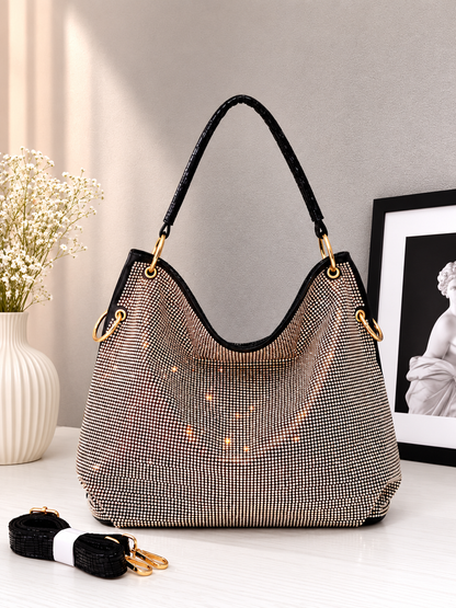 Sparkling Rhinestone Shoulder Hobo Bag with Detachable Strap