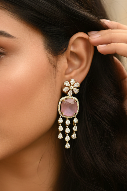 Elegant Pink Stone & Zirconia Choker Necklace Earring Set