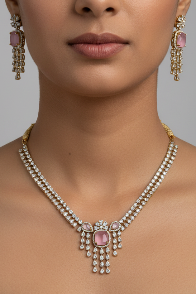 Elegant Pink Stone & Zirconia Choker Necklace Earring Set
