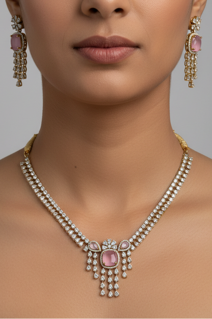 Elegant Pink Stone & Zirconia Choker Necklace Earring Set