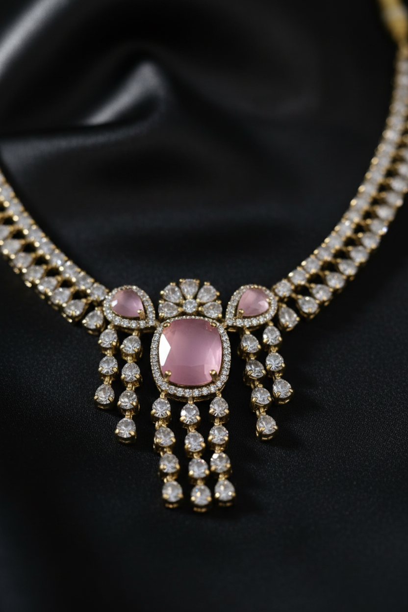 A silver-toned jewelry set featuring a necklace and matching earrings with pink stones and clear rhinestone embellishments, displayed on a white jewelry bust.