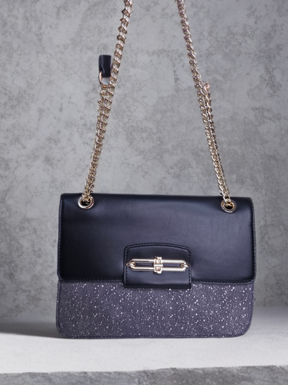 Elegant Black Structured Chain Sling Bag for Women – Dual Texture with Gold Turn Lock