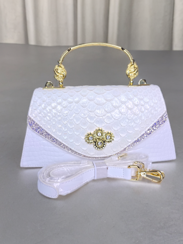 White Designer Party Clutch with Golden Handle – Embellished Floral & Glitter Trim | Premium Evening Bag