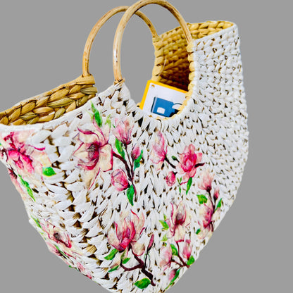 Seagrass U-tote bag -02 | All the Cultures Fabricating India Straw Bag | Small Tote Bag | Basket Bag | Bamboo Tote | Beach Bags for Women | Boho Bag | Half Moon Bag | White Handbag