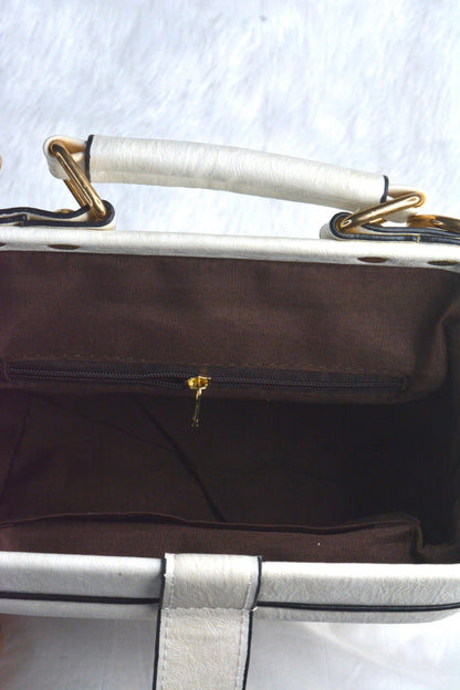 Elephant embroidery work white with black border handbag