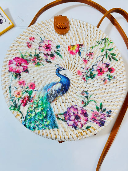 Peacock white round sling bag