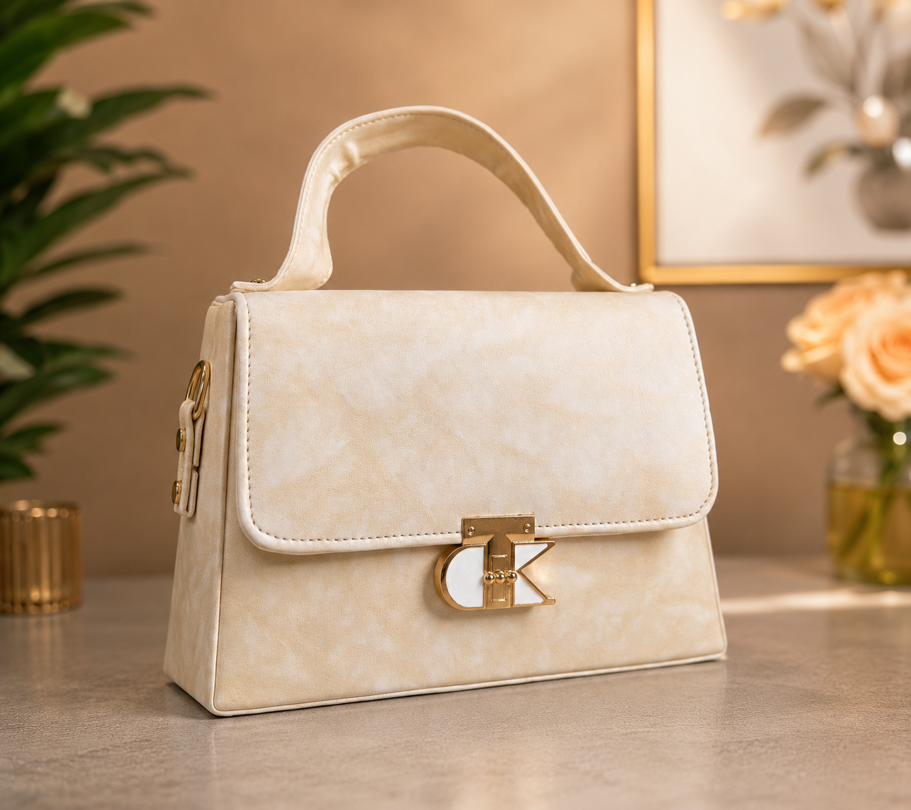 Elegant Cream Top-Handle Handbag with Distinctive Gold Clasp