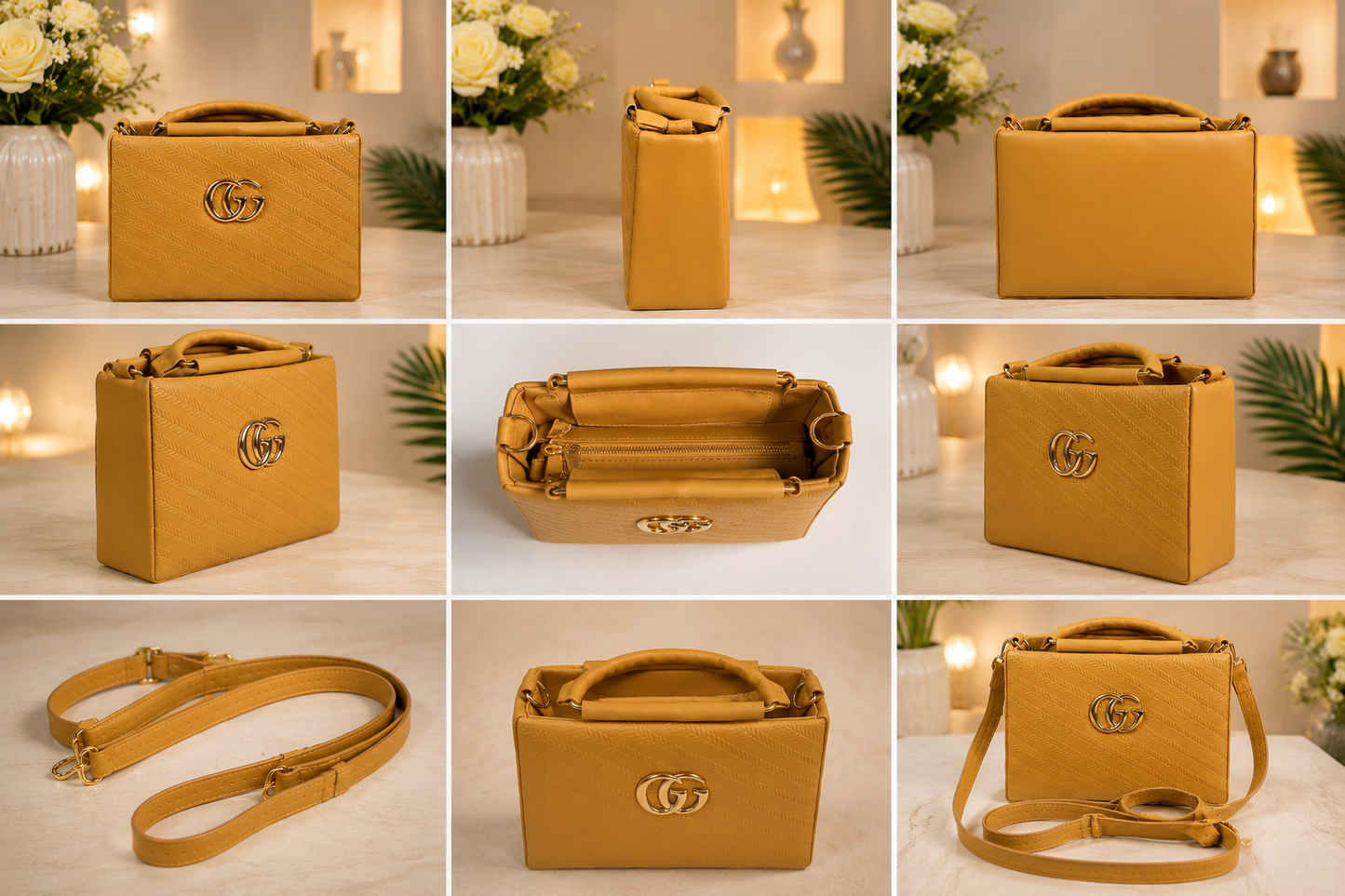 Chic Tan Chevron Quilted Handbag with Gold Interlocking Logo