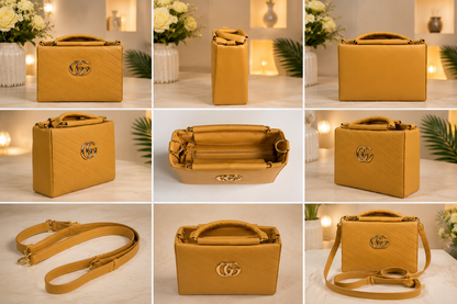Chic Tan Chevron Quilted Handbag with Gold Interlocking Logo