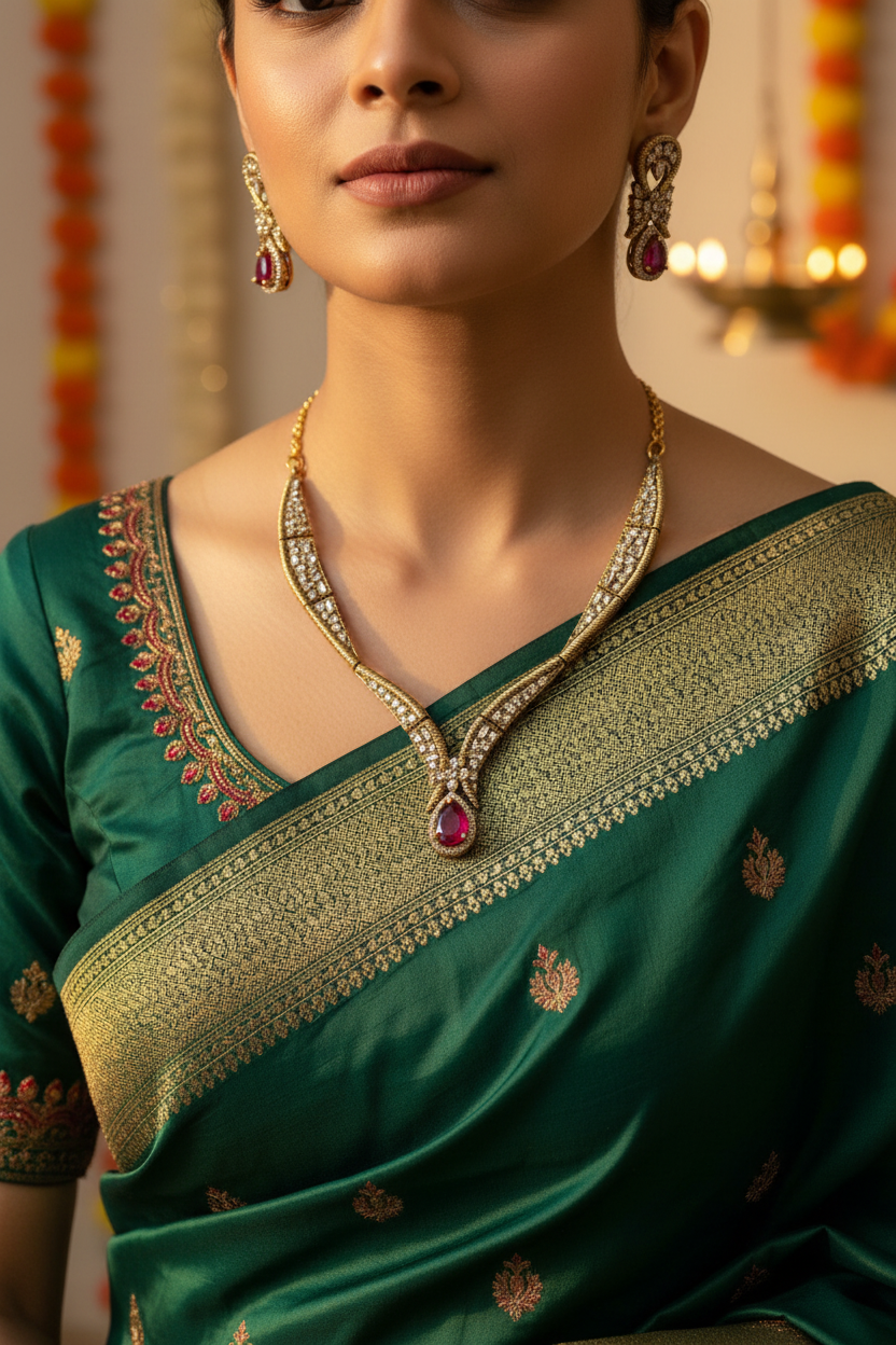 Elegant Gold-Tone Emerald & Zircon Bridal Necklace Set