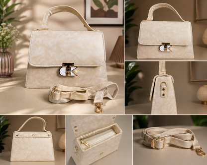 Elegant Cream Top-Handle Handbag with Distinctive Gold Clasp