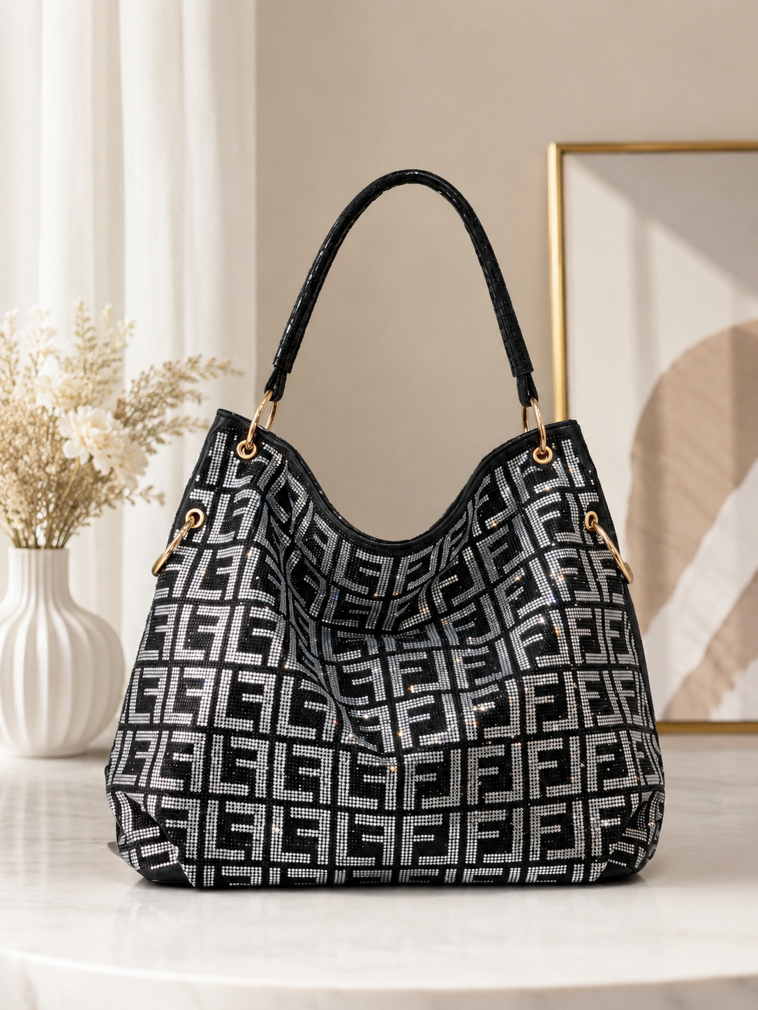 Sparkling Rhinestone Shoulder Hobo Bag with Detachable Strap