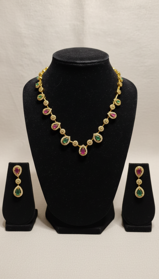 Traditional Kundan Style Multi-Gemstone Chain Necklace | Ruby Emerald Gold Tone Necklace