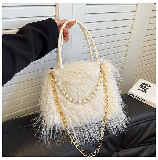 Elegant Faux Fur Handbag with Pearl & Chain Embellishments