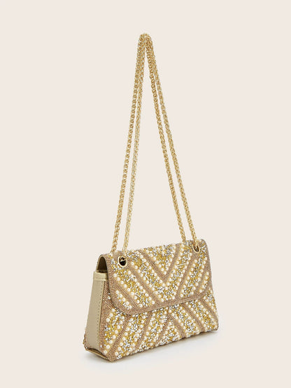 Luxurious Gold Pearl & Sequin Evening Clutch Bag
