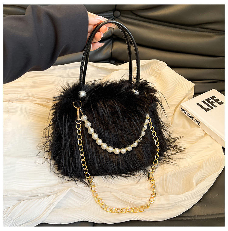 Elegant Faux Fur Handbag with Pearl & Chain Embellishments