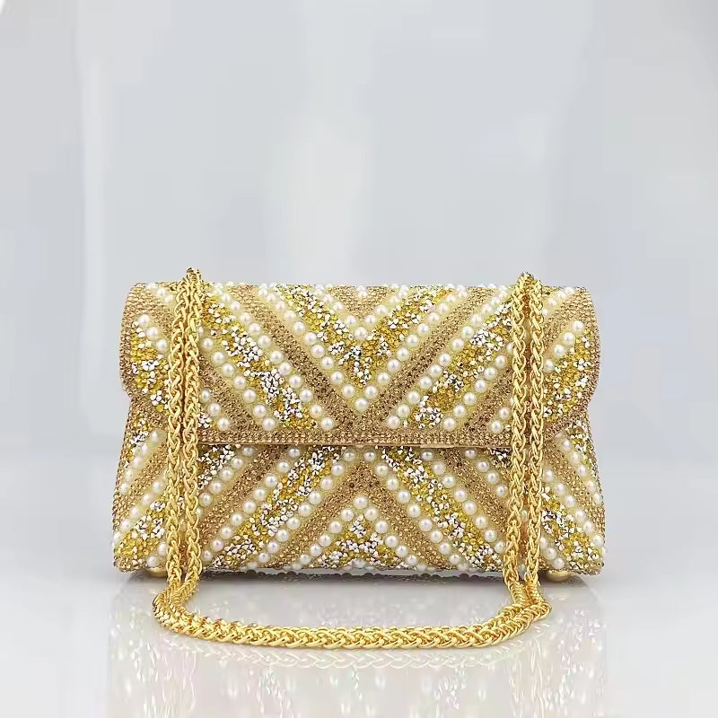 Luxurious Gold Pearl & Sequin Evening Clutch Bag