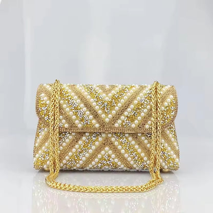 Luxurious Gold Pearl & Sequin Evening Clutch Bag