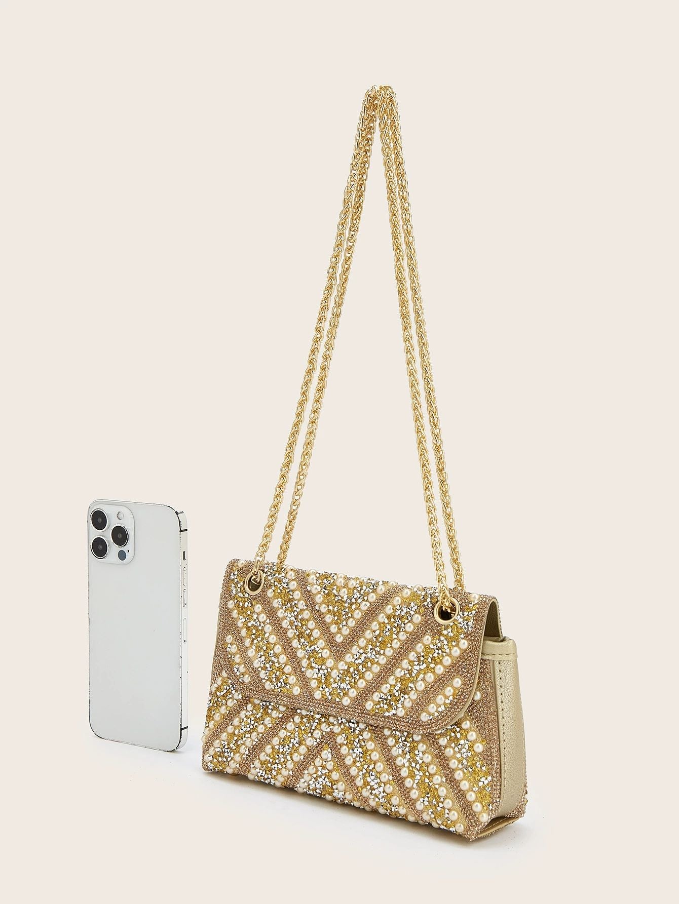 Luxurious Gold Pearl & Sequin Evening Clutch Bag