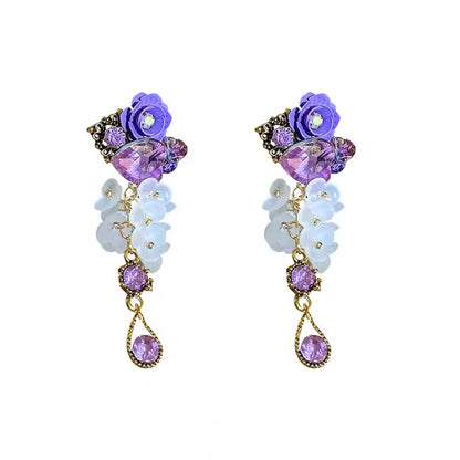 Crystal Heart 925 Silver Needle Purple Flower Dinner Party Style Versatile Earrings