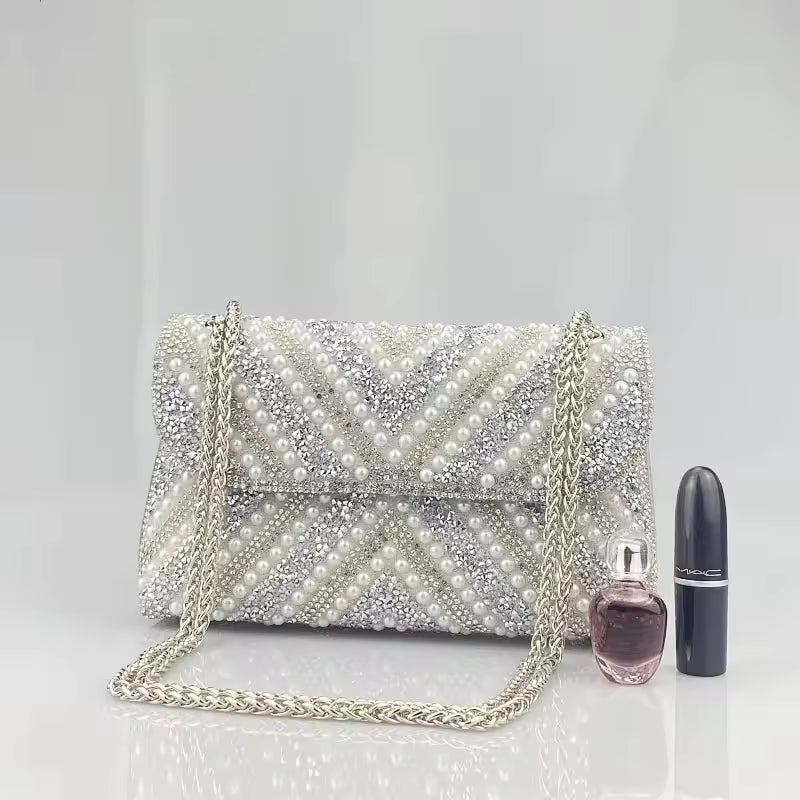 Luxurious Gold Pearl & Sequin Evening Clutch Bag