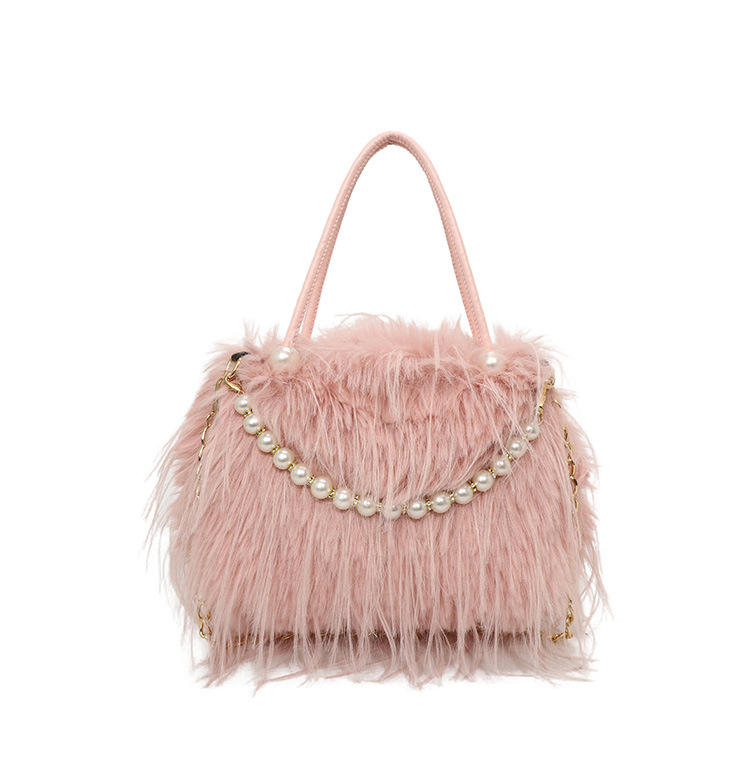 Elegant Faux Fur Handbag with Pearl & Chain Embellishments