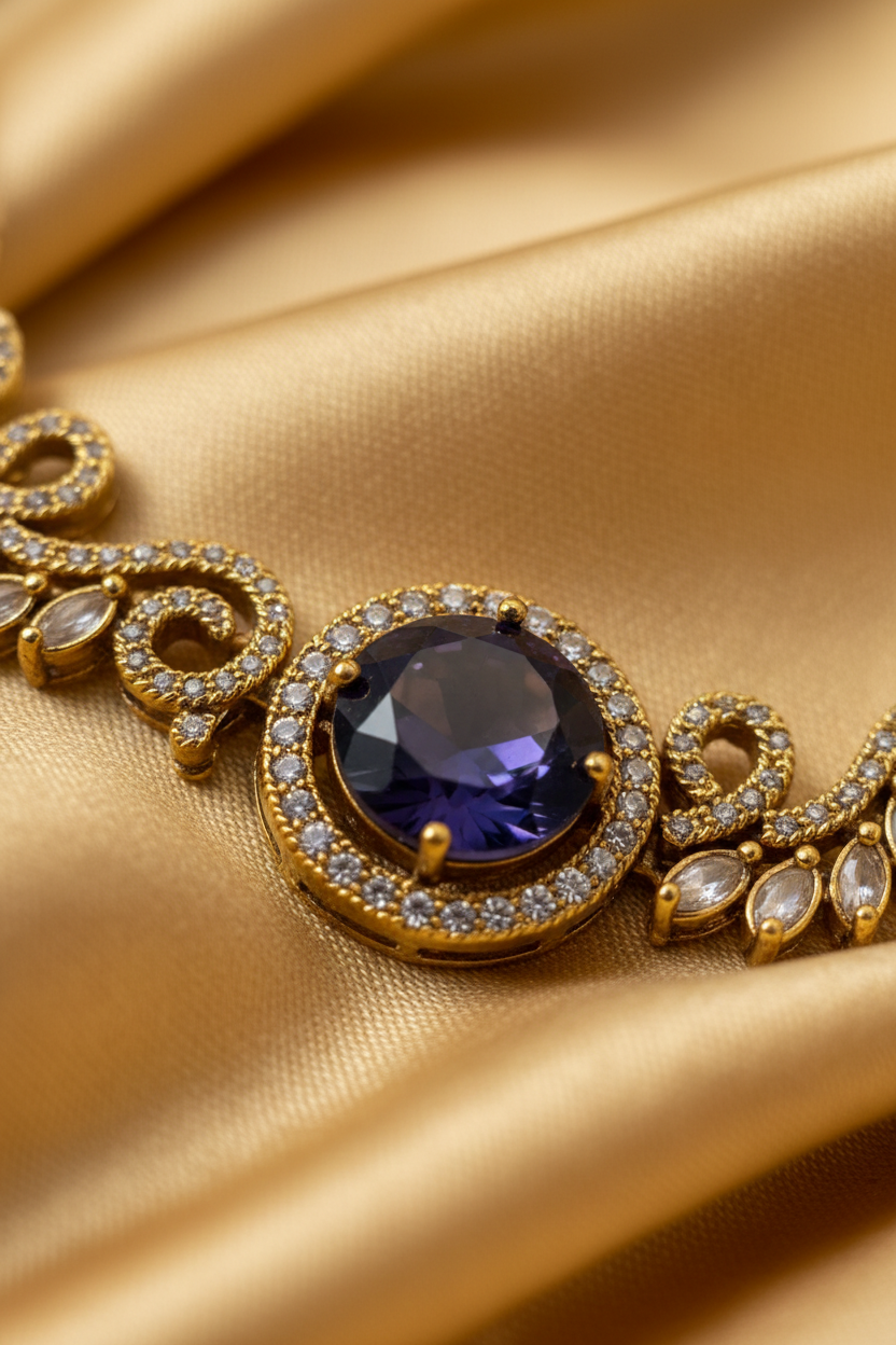 Gold-toned traditional jewelry set featuring a necklace and matching earrings with dark purple round stones, displayed on a cream-colored jewelry bust.