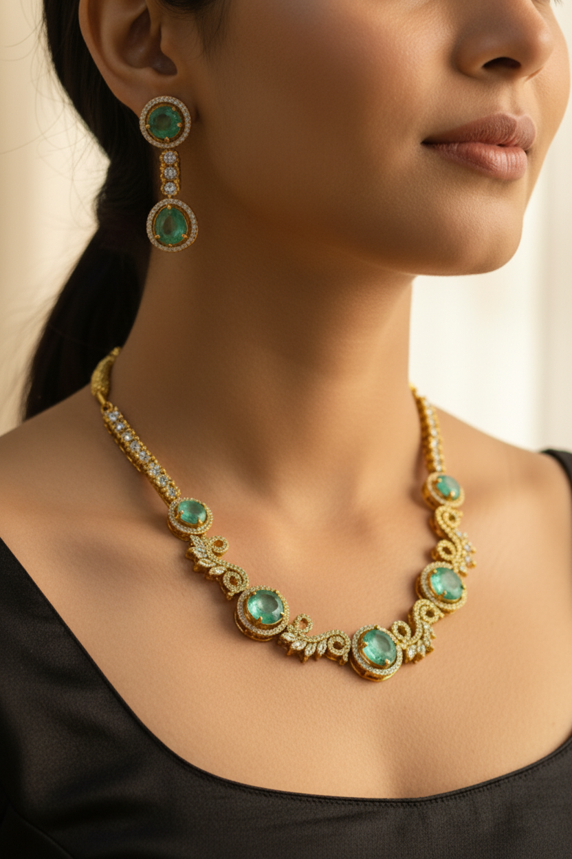 Elegant Amethyst & Gold Tone Necklace Earring Set