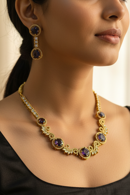 Elegant Amethyst & Gold Tone Necklace Earring Set