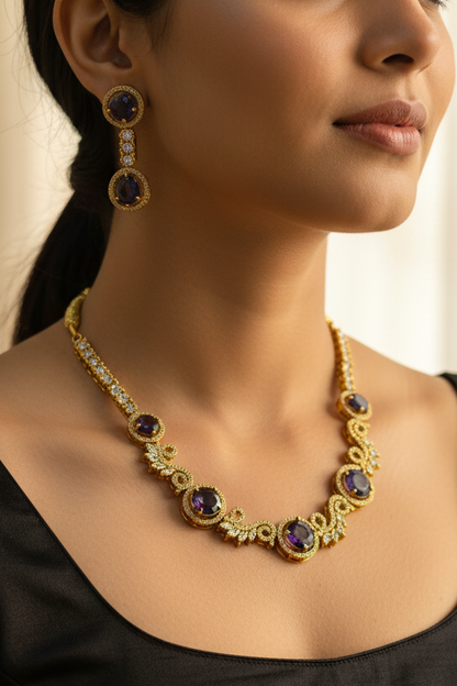 Elegant Amethyst & Gold Tone Necklace Earring Set