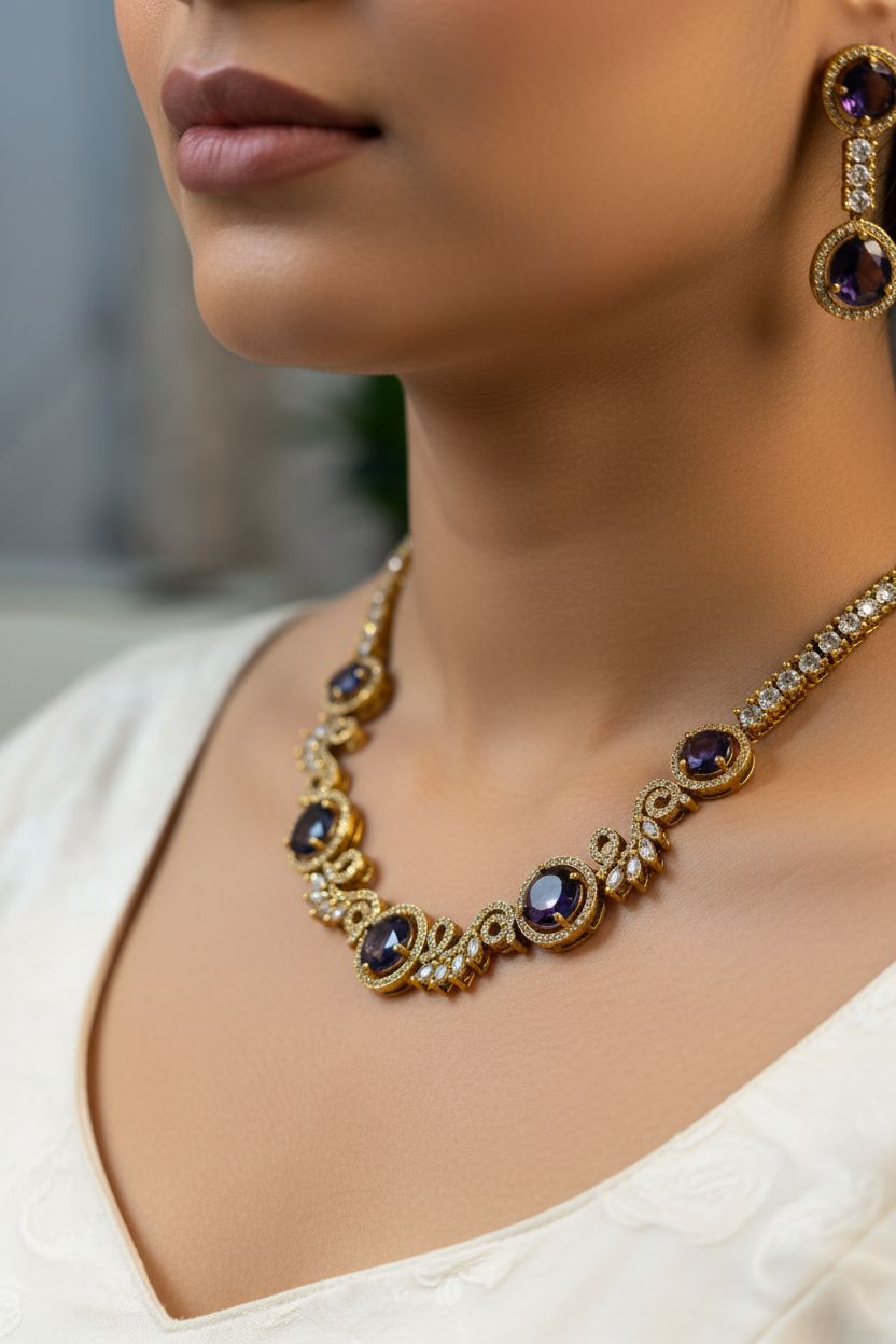 Gold-toned traditional jewelry set featuring a necklace and matching earrings with dark purple round stones, displayed on a cream-colored jewelry bust.