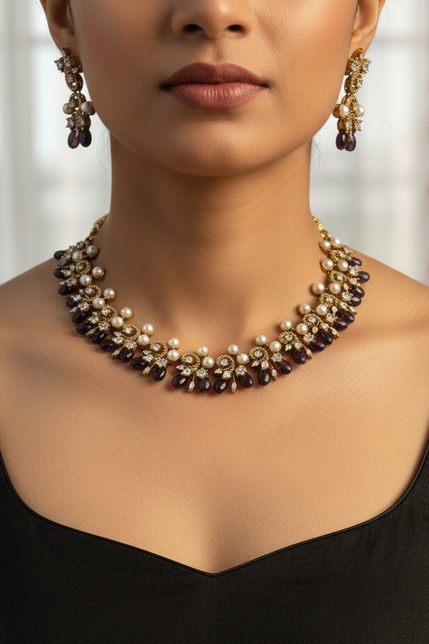 A gold-plated statement necklace and matching drop earrings displayed on a beige jewelry bust. The jewelry features white faux pearls, dark brown faceted beads, and clear rhinestones.