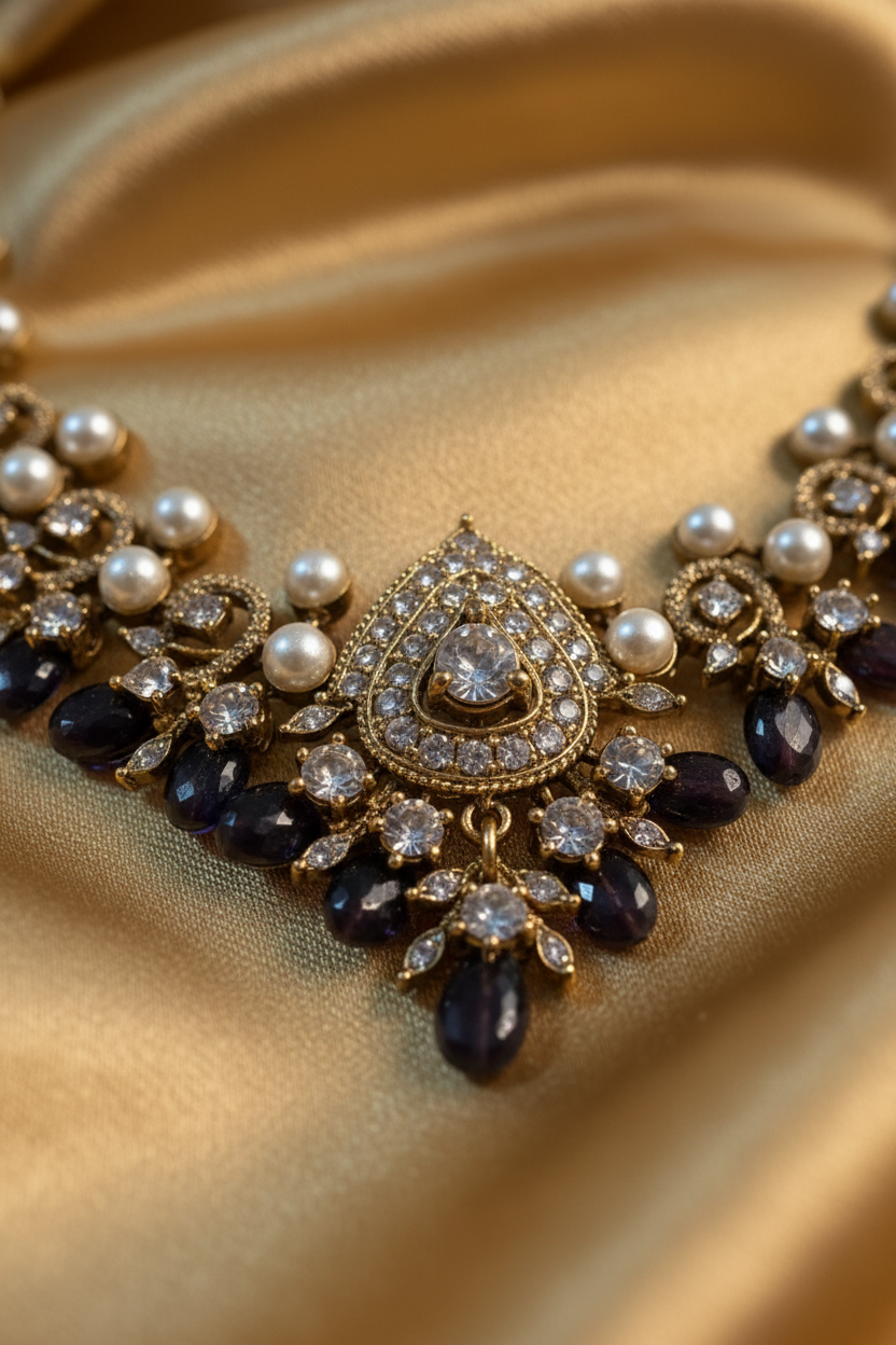 A gold-plated statement necklace and matching drop earrings displayed on a beige jewelry bust. The jewelry features white faux pearls, dark brown faceted beads, and clear rhinestones.
