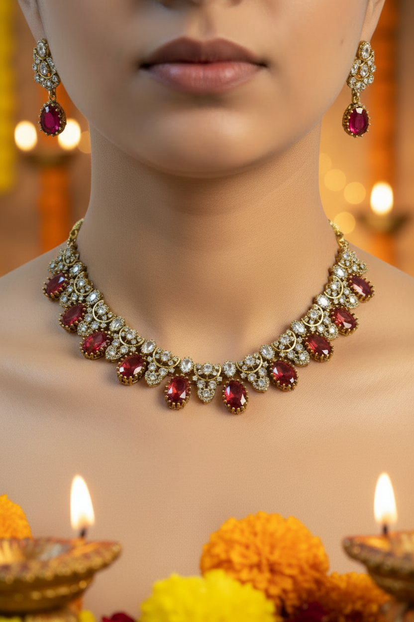 Regal Ruby Red & Zircon Gold-Tone Choker Necklace Set