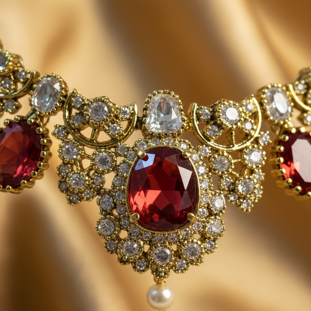 Gold-tone jewelry set featuring a statement collar necklace and matching drop earrings, both adorned with red teardrop-shaped crystals and clear rhinestones, displayed on a cream-colored jewelry bust.